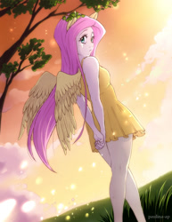 Size: 927x1200 | Tagged: safe, artist:paulina-ap, character:fluttershy, species:human, breasts, clothing, delicious flat chest, dress, eared humanization, female, flattershy, humanized, looking back, solo, tree, twilight (astronomy), winged humanization, wings