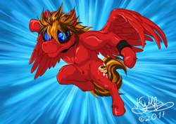 Size: 3508x2480 | Tagged: safe, artist:h-stallionwolf, oc, oc only, oc:marker pace, ponysona, species:pegasus, species:pony, action pose, anime, belly button, fire, flight, flying, goggles, male, muscles, race, racer, solo, speed, speed lines, stallion