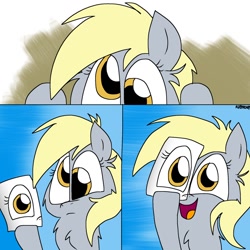 Size: 1200x1200 | Tagged: safe, artist:kdbrony, character:derpy hooves, species:pegasus, species:pony, comic, derp, fake eyes, female, mare, paper, smiling, solo, underp