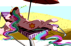Size: 2300x1500 | Tagged: safe, artist:fizzlesoda2000, character:princess celestia, species:alicorn, species:pony, beach, beach chair, beach umbrella, clothing, female, hat, lounging, mare, ocean, on back, relaxing, solo, straw, straw in mouth, sun hat, water