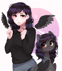 Size: 1400x1600 | Tagged: safe, artist:yanshiki, oc, oc only, oc:rune riddle, species:human, species:pegasus, species:pony, blushing, clothing, cute, female, heart background, human ponidox, humanized, humanized oc, jeans, mare, pants, ponidox, self ponidox, sweater, winged humanization, wings, ych result