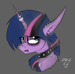 Size: 693x684 | Tagged: safe, artist:zeezou2, character:twilight sparkle, species:alicorn, species:pony, alternate hairstyle, bust, cheek fluff, chest fluff, choker, dyed mane, ear piercing, earring, eyeroll, eyeshadow, female, fluffy, goth, gray background, horn ring, it's a phase, jewelry, makeup, mare, necklace, nose piercing, nose ring, piercing, portrait, signature, simple background, solo, spiked choker