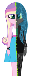 Size: 424x1000 | Tagged: safe, artist:little903, character:princess cadance, character:queen chrysalis, species:changeling, my little pony:equestria girls, bracelet, camisole, canterlot, character to character, clothing, digital art, disguise, disguised changeling, duality, equestria girls-ified, fake cadance, jacket, jewelry, pantyhose, princess, shorts, simple background, skirt, smiling, split screen, teeth, transformation, white background