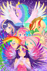 Size: 3150x4746 | Tagged: safe, artist:monicherrie, character:applejack, character:fluttershy, character:pinkie pie, character:princess celestia, character:rainbow dash, character:rarity, character:twilight sparkle, character:twilight sparkle (alicorn), species:alicorn, species:human, species:pony, action poster, alicorn humanization, color porn, colored pupils, crying, female, happy, horned humanization, humanized, looking at you, mane six, rainbow power, rainbow power-ified, spread wings, tears of joy, wingding eyes, winged humanization, wings