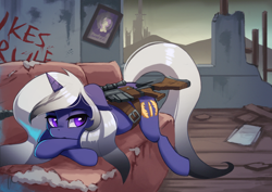 Size: 3000x2120 | Tagged: safe, artist:darksittich, oc, oc only, oc:lady midday, species:pony, species:unicorn, fallout equestria, anti-machine rifle, anti-materiel rifle, building, commission, couch, detailed background, female, graffiti, gun, lying down, mare, scenery, solo, tunnel snakes rule, wasteland, weapon