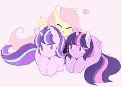 Size: 1273x913 | Tagged: safe, artist:serafelis, character:fluttershy, character:starlight glimmer, character:twilight sparkle, character:twilight sparkle (alicorn), species:alicorn, species:pegasus, species:pony, species:unicorn, cuddling, cute, eyes closed, female, heart, looking at each other, mare, no pupils, open mouth, pink background, prone, shyabetes, simple background, smiling, sweat, sweatdrop, trio