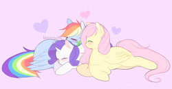 Size: 1000x521 | Tagged: safe, artist:serafelis, character:fluttershy, character:rainbow dash, character:rarity, species:pegasus, species:pony, species:unicorn, cute, eyes closed, female, heart, mare, missing cutie mark, pink background, pony pile, prone, simple background, trio