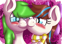 Size: 3508x2480 | Tagged: safe, artist:clayman778, oc, oc only, oc:bing, oc:breezy, species:pony, bingzy, clothing, cute, duo, female, looking at each other, scarf, simple background, snuggling, trans female, transgender