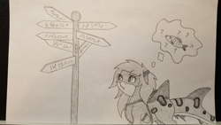 Size: 2000x1125 | Tagged: safe, artist:nightwind-arts, oc, oc only, oc:milani, species:pony, clothing, female, fish, hoodie, jacket, mare, original species, shark, shark pony, sign, solo, street sign, thought bubble, traditional art