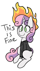Size: 732x1308 | Tagged: safe, artist:neonhuo, character:sweetie belle, species:pony, newbie artist training grounds, atg 2017, clothing, female, fire, hoodie, mane on fire, pyro belle, simple background, sitting, solo, sweetie fail, this is fine, transparent background