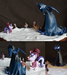 Size: 1166x1303 | Tagged: safe, artist:prototypespacemonkey, character:princess luna, character:snowfall frost, character:starlight glimmer, species:alicorn, species:pony, species:unicorn, episode:a hearth's warming tail, g4, my little pony: friendship is magic, diorama, duo, female, figurine, glowing eyes, mare, miniature, sculpture, spirit of hearth's warming yet to come, traditional art
