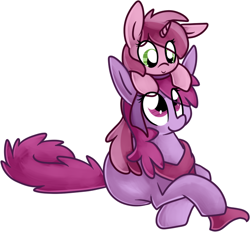 Size: 670x622 | Tagged: safe, artist:littlepinkalpaca, character:berry punch, character:berryshine, character:ruby pinch, species:earth pony, species:pony, species:unicorn, duo, duo female, female, filly, mare, mother and child, mother and daughter, prone, simple background, white background