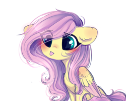 Size: 2500x2000 | Tagged: safe, artist:whiteliar, character:fluttershy, species:pony, blep, blushing, chest fluff, colored wings, cute, ear fluff, eye clipping through hair, female, floppy ears, folded wings, looking at something, looking away, shyabetes, simple background, sitting, solo, tongue out, two toned wings, white background