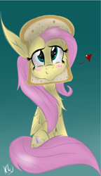 Size: 998x1731 | Tagged: safe, artist:zeezou2, character:fluttershy, species:pony, bread, bread head, breading, cute, female, food, heart, looking up, mare, shyabetes, signature, sitting, solo, toast