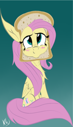 Size: 998x1731 | Tagged: safe, artist:zeezou2, character:fluttershy, species:pegasus, species:pony, blushing, bread, bread head, breading, cute, female, flutterbread, food, looking up, mare, shyabetes, signature, sitting, solo, toast