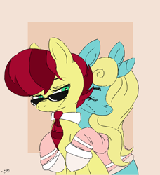 Size: 1280x1406 | Tagged: safe, artist:robiinart, oc, oc only, oc:aces high, oc:seafoam breeze, species:earth pony, species:pony, species:unicorn, clothing, commission, female, hug, mare, necktie, shirt, simple background, socks, sunglasses