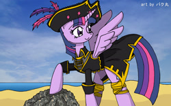 Size: 2672x1672 | Tagged: safe, artist:bakumaru01, character:twilight sparkle, character:twilight sparkle (alicorn), species:alicorn, species:pony, my little pony: the movie (2017), beach, captain twilight, female, looking back, mare, pirate, pirate twilight, sky, smiling, solo, water