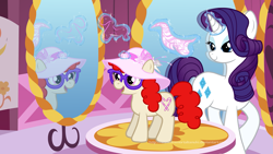 Size: 1719x968 | Tagged: safe, artist:immortaltanuki, character:rarity, character:twist, species:earth pony, species:pony, species:unicorn, carousel boutique, clothing, duo, duo female, female, filly, glasses, hat, makeover, mare, mirror, needle