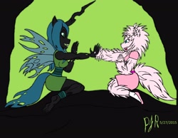 Size: 2162x1682 | Tagged: safe, artist:teamavalanchemember2, character:queen chrysalis, oc, oc:fluffle puff, species:anthro, species:changeling, species:earth pony, species:plantigrade anthro, species:pony, ship:chrysipuff, anthro oc, barefoot, breasts, canon x oc, changeling queen, cute, cutealis, dork, dorkalis, feet, female, fluffy, happy, lesbian, playing, shipping, simple background