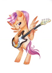 Size: 1056x1476 | Tagged: safe, artist:paulina-ap, character:scootaloo, species:pegasus, species:pony, bass guitar, bipedal, female, filly, musical instrument, scootabass, solo, traditional art