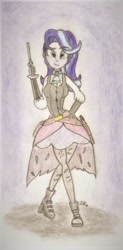 Size: 476x968 | Tagged: safe, artist:brogararts, character:starlight glimmer, species:human, female, gun, humanized, looking at you, no trigger discipline, solo, steampunk, traditional art, weapon