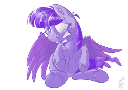 Size: 4961x3508 | Tagged: safe, artist:tony-retro, character:twilight sparkle, character:twilight sparkle (alicorn), species:alicorn, species:pony, female, high res, injured wing, monochrome, scar, simple background, sitting, solo, transparent background