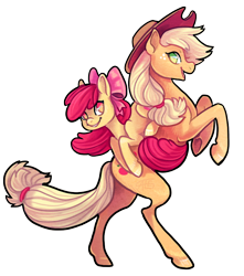 Size: 764x864 | Tagged: safe, artist:griffsnuff, character:apple bloom, character:applejack, species:earth pony, species:pony, bow, clothing, cowboy hat, duo, female, filly, hair bow, hat, looking at you, mare, ponies riding ponies, rearing, simple background, sisters, smiling, white background