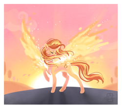 Size: 858x762 | Tagged: safe, artist:griffsnuff, character:sunset shimmer, species:pony, species:unicorn, episode:my past is not today, g4, my little pony: equestria girls, artificial wings, augmented, beautiful, equestria girls ponified, eyes closed, female, fiery shimmer, fiery wings, magic, magic wings, mare, ponified, raised hoof, solo, sunset, sunset phoenix, sunshine shimmer, wings
