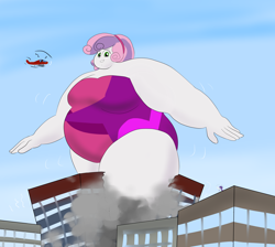 Size: 3800x3400 | Tagged: safe, artist:feyzer, character:rarity, character:sweetie belle, my little pony:equestria girls, bbw, city, clothing, destruction, fat, giantess, helicopter, huge, macro, obese, one-piece swimsuit, ssbbw, sweetie belly, swimsuit