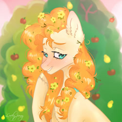 Size: 1000x1000 | Tagged: safe, artist:lovely-pony, character:pear butter, species:earth pony, species:pony, episode:the perfect pear, g4, my little pony: friendship is magic, female, flower, flower in hair, mare, smiling, solo, tree
