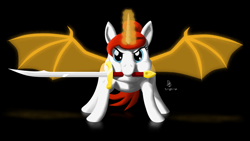 Size: 1920x1080 | Tagged: safe, artist:darkdabula, oc, oc only, species:alicorn, species:bat pony, species:pony, species:unicorn, alicorn oc, bat pony alicorn, black background, glowing horn, mouth hold, simple background, spread wings, sword, weapon, wings