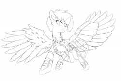 Size: 3000x2000 | Tagged: safe, artist:periodicbrony, character:rainbow dash, species:pegasus, species:pony, alternate timeline, amputee, apocalypse dash, augmented, black and white, clothing, crystal war timeline, ear fluff, female, grayscale, lineart, mare, monochrome, prosthetic limb, prosthetic wing, prosthetics, rainbow dash always dresses in style, simple background, solo, white background