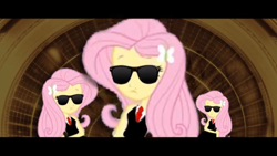 Size: 1366x768 | Tagged: safe, artist:mrdeloop, character:fluttershy, my little pony:equestria girls, alternate universe, clothing, day of the flutter, eqg promo pose set, equestria girls: the parody series, multeity, suit, sunglasses, triality, trio
