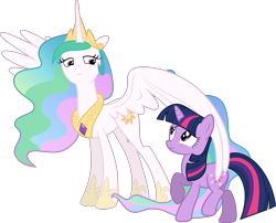 Size: 8926x7222 | Tagged: safe, artist:mehoep, character:princess celestia, character:twilight sparkle, character:twilight sparkle (unicorn), species:alicorn, species:pony, species:unicorn, episode:the crystal empire, g4, my little pony: friendship is magic, absurd resolution, bitchlestia, duo, ethereal mane, female, mare, raised hoof, simple background, transparent background, vector
