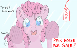 Size: 3200x2000 | Tagged: safe, artist:periodicbrony, character:pinkie pie, species:earth pony, species:pony, against glass, bronybait, descriptive noise, excited, female, for sale, glass, happy, high res, horse noises, ponies for sale, solo