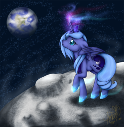 Size: 900x920 | Tagged: safe, artist:ambunny, character:princess luna, aurora borealis, crying, earth, female, floppy ears, frown, looking up, magic, moon, planet, raised hoof, s1 luna, sad, solo, space, spread wings, wings