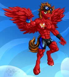Size: 2000x2240 | Tagged: safe, artist:h-stallionwolf, oc, oc only, oc:marker pace, species:anthro, species:pegasus, species:pony, species:unguligrade anthro, abs, armpits, biceps, clothing, flexing, goggles, horseshoes, male, muscles, pecs, racer, solo, spandex, stallion, wings, wristband
