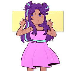 Size: 1153x1112 | Tagged: safe, artist:mochietti, character:starlight glimmer, species:human, clothing, dress, female, hair bun, humanized, moderate dark skin, peace sign, pouting, simple background, solo, transparent background