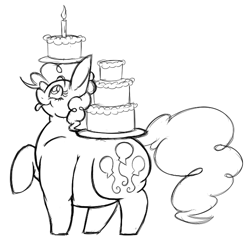 Size: 631x609 | Tagged: safe, artist:snickerdoodle-mod, character:pinkie pie, species:earth pony, species:pony, cake, candle, carrying, cute, fat, female, food, large butt, monochrome, profile, pudgy pie, simple background, sketch, smiling, solo, tongue out, white background