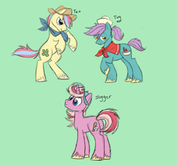 Size: 2041x1903 | Tagged: safe, artist:robiinart, character:tex (g1), species:earth pony, species:pony, species:unicorn, g1, baseball cap, big brother ponies, cap, clothing, cowboy hat, green background, hat, male, neckerchief, raised hoof, rearing, salty (g1), simple background, slugger, stallion