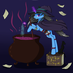 Size: 3000x3000 | Tagged: safe, artist:alicekvartersson, oc, oc only, oc:silver lining, black cat, book, cauldron, clothing, costume, jewelry, knife, magic, potion, potion making, recipe, solo, witch, ych result