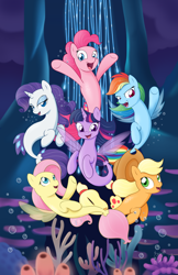 Size: 1024x1583 | Tagged: safe, artist:sycotei-b, character:applejack, character:fluttershy, character:pinkie pie, character:rainbow dash, character:rarity, character:twilight sparkle, character:twilight sparkle (alicorn), species:alicorn, species:pony, species:seapony (g4), my little pony: the movie (2017), applejack's hat, blue eyes, bubble, clothing, cowboy hat, female, fish tail, flowing mane, green eyes, hat, looking at you, mane six, seaponified, seapony applejack, seapony fluttershy, seapony pinkie pie, seapony rainbow dash, seapony rarity, seapony twilight, seaquestria, smiling, species swap, underwater, water