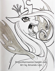 Size: 921x1179 | Tagged: safe, artist:alienfirst, character:queen chrysalis, species:changeling, female, grayscale, monochrome, open mouth, sharp teeth, solo, teeth, traditional art