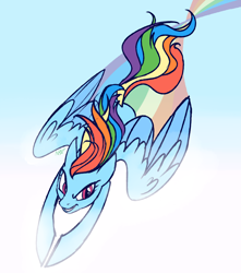 Size: 1324x1500 | Tagged: safe, artist:nessacity, character:rainbow dash, species:pegasus, species:pony, female, flying, grin, mare, rainbow, smiling, solo, spread wings, wings
