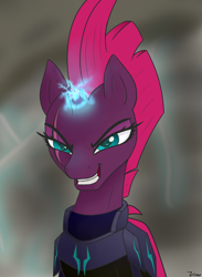 Size: 1968x2688 | Tagged: safe, artist:vinaramic, character:tempest shadow, species:pony, species:unicorn, my little pony: the movie (2017), armor, broken horn, electricity, evil grin, eye scar, female, grin, horn, mare, pretty pretty tempest, scar, smiling, solo, sparking horn