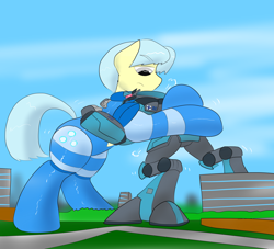 Size: 4400x4000 | Tagged: safe, artist:feyzer, edit, oc, oc only, oc:ultramare, species:pony, absurd resolution, big cat, city, clothing, color edit, colored, field, giant pony, lynx, macro, robot