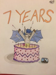 Size: 2448x3264 | Tagged: safe, artist:gtx, oc, oc only, oc:misty midvale, oc:reggie the inconspicuous, species:bat pony, species:pony, armpits, bat pony oc, cake, female, food, happy birthday mlp:fim, mare, mlp fim's seventh anniversary, traditional art