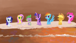 Size: 1920x1080 | Tagged: safe, artist:sycreon, derpibooru original, character:applejack, character:fluttershy, character:pinkie pie, character:rainbow dash, character:rarity, character:spike, character:twilight sparkle, character:twilight sparkle (alicorn), species:alicorn, species:dragon, species:pony, cake, food, frosting, happy birthday mlp:fim, looking at you, mane seven, mane six, mlp fim's seventh anniversary