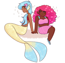 Size: 2900x2839 | Tagged: safe, artist:mochietti, character:pinkie pie, character:princess skystar, species:human, ship:skypie, my little pony: the movie (2017), alternate hairstyle, blushing, chubby, clothing, dark skin, ear fins, feet, female, holding hands, humanized, lesbian, mermaid, mermaidized, sandals, shipping, simple background, skirt, species swap, transparent background