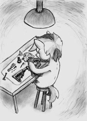Size: 956x1328 | Tagged: safe, artist:spackle, oc, oc only, oc:buck evergreen, species:earth pony, species:pony, ar15, brush, cleaning, field strip, gun, lamp, lube, male, missing accessory, monochrome, rag, rifle, solo, stallion, stool, table, traditional art, weapon